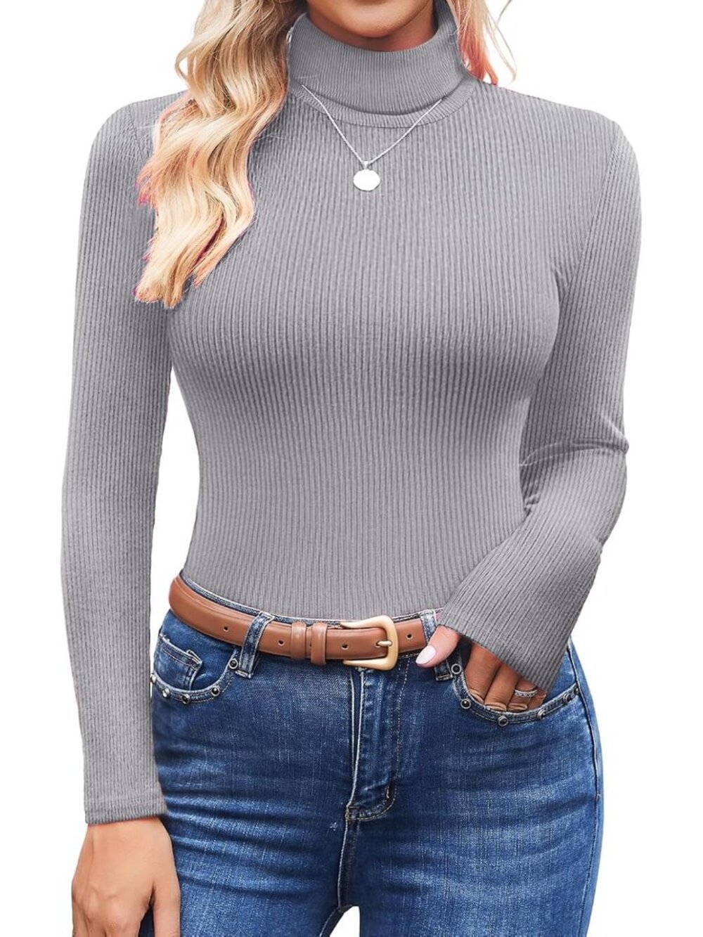 Women's Light Grey Ribbed Knit Mock Turtleneck Long Sleeve Slim Fit Thermal Top